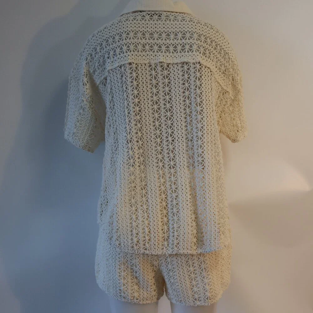 Women Benaar LA Jeiley Cream 2Pc Set Crochet Gauzy Contrast Collared Top Short M - Picture 11 of 13